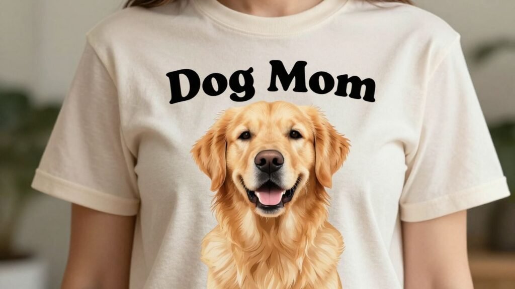 Woman wearing a golden retriever dog mom t-shirt.