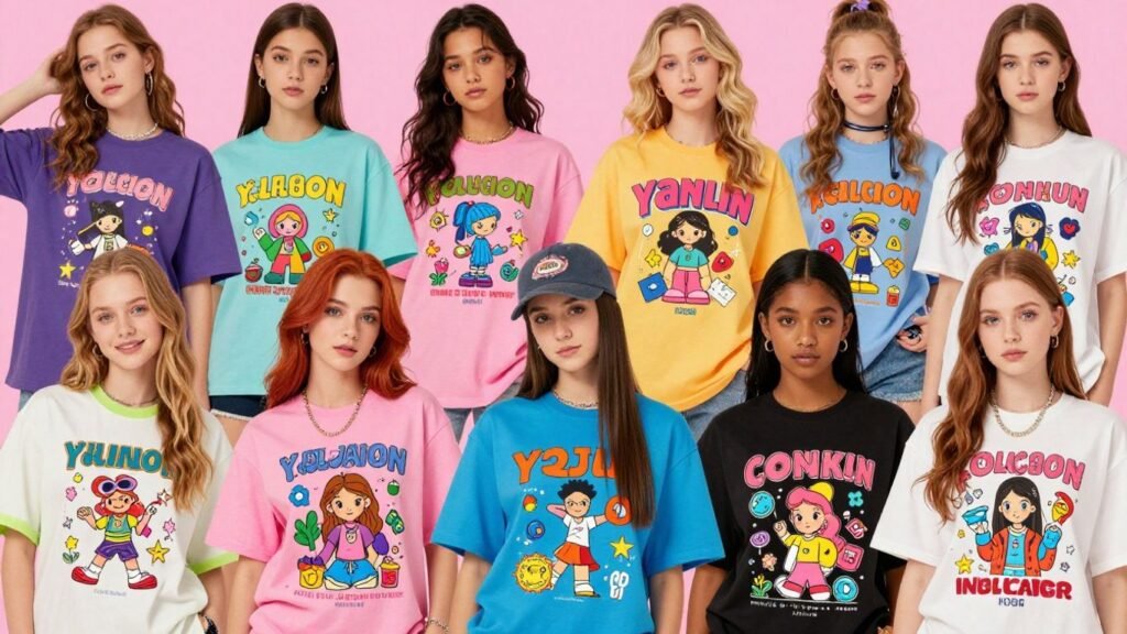 Teens wearing colorful Y2K graphic tees with retro designs.
