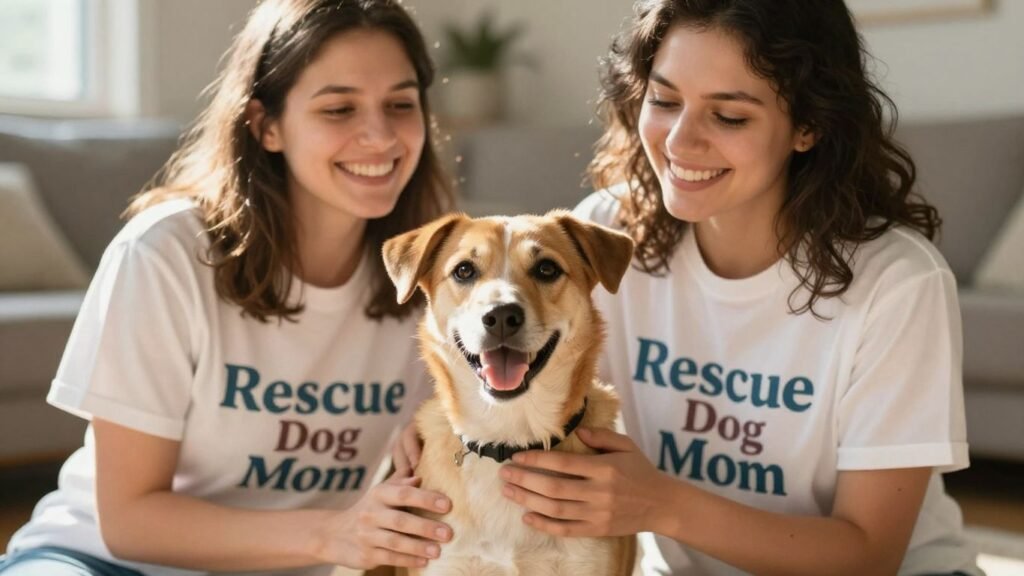 Rescue dog mom and her adopted dog wearing matching shirts.