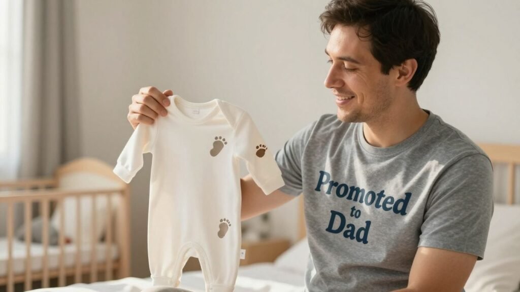 Dad-to-be wearing a pregnancy announcement shirt.