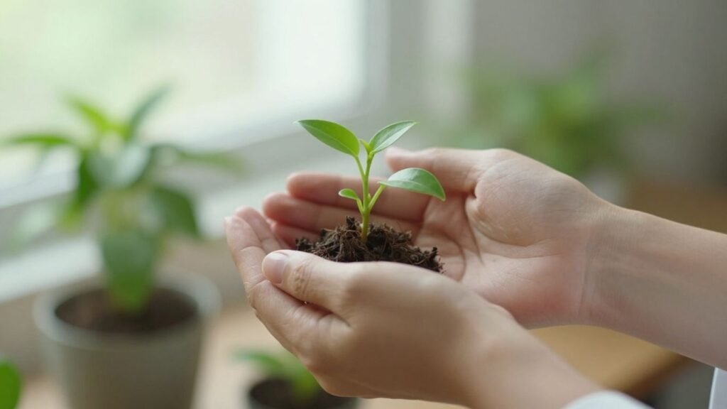 Therapist's hands holding a small plant, symbolizing growth and care.