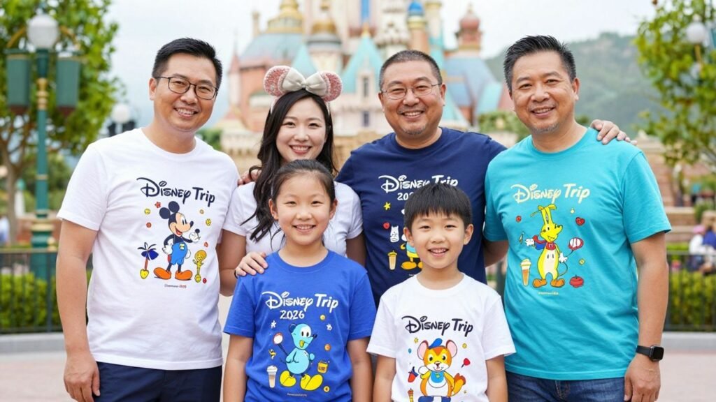 Family wearing matching Disney trip shirts