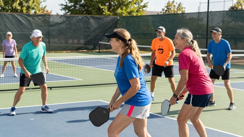 Seniors playing pickleball in funny shirts