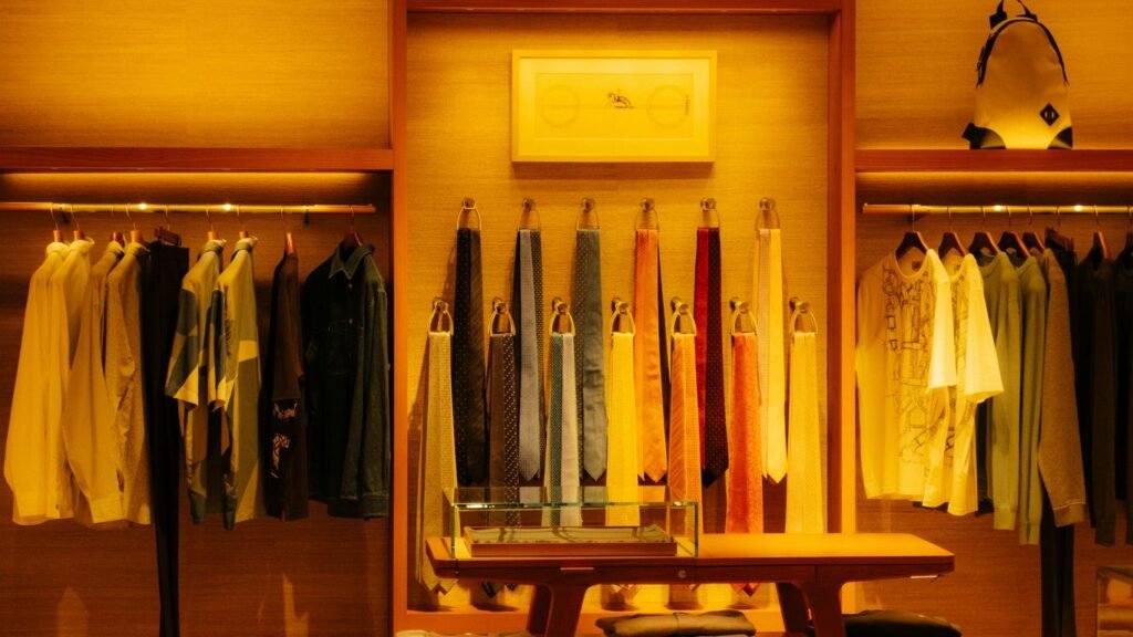 Clothing displayed in a well-lit boutique store.